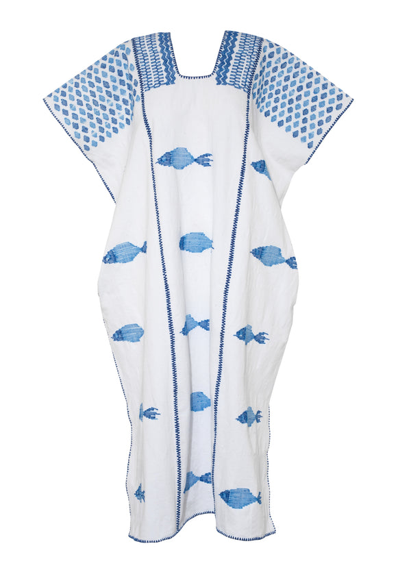 Pippa Holt Kaftan No.784 Three Panel Midi Kaftan In White With Blue Tones Of Fish Design