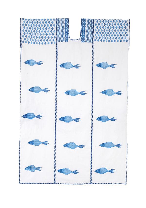 pippa holt Kaftan No.784 Three panel midi kaftan in white with blue tones of fish design