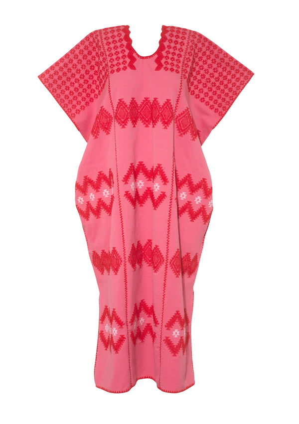 Pippa Holt Kaftan No.785 Three Panel Maxi Kaftan In Watermelon Pink With Red And White Zigzag Design