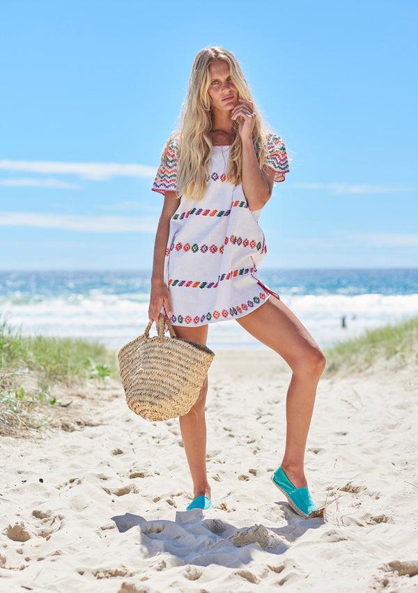 pippa holt Kaftan No.79 Single panel supermini kaftan in white with multicoloured design