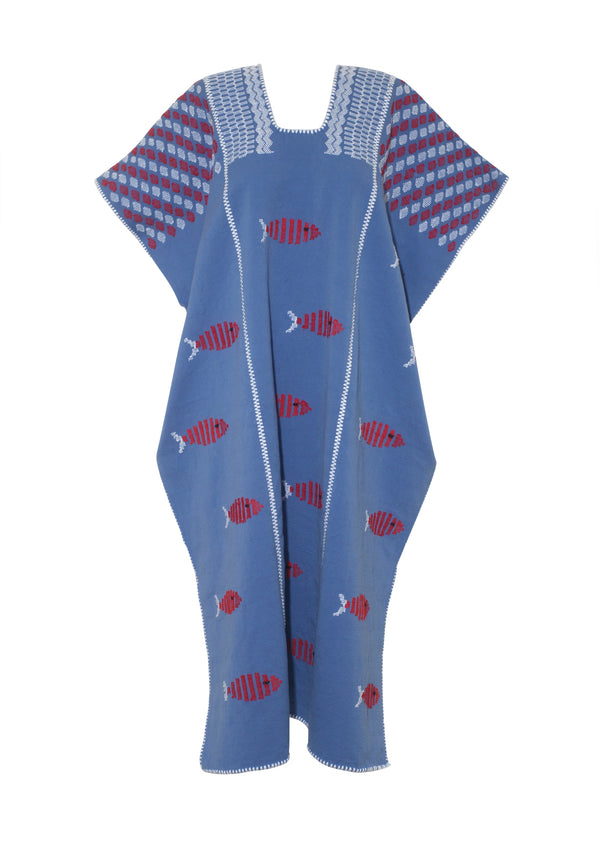 Pippa Holt Kaftan No.790 Three Panel Midi Kaftan In Denim Blue With Red And White Fish Design