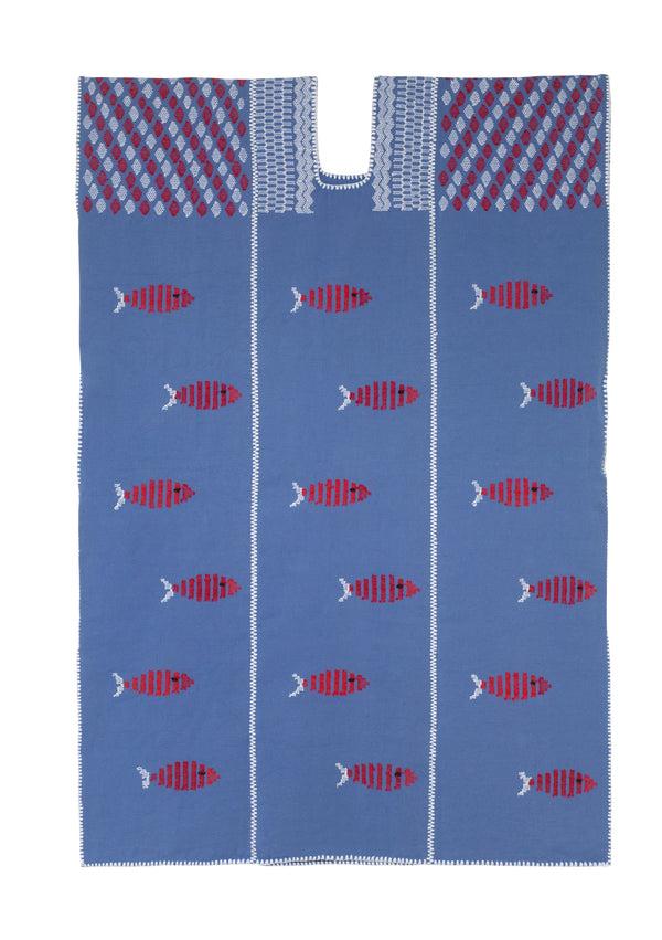 pippa holt Kaftan No.790 Three panel midi kaftan in denim blue with red and white fish design