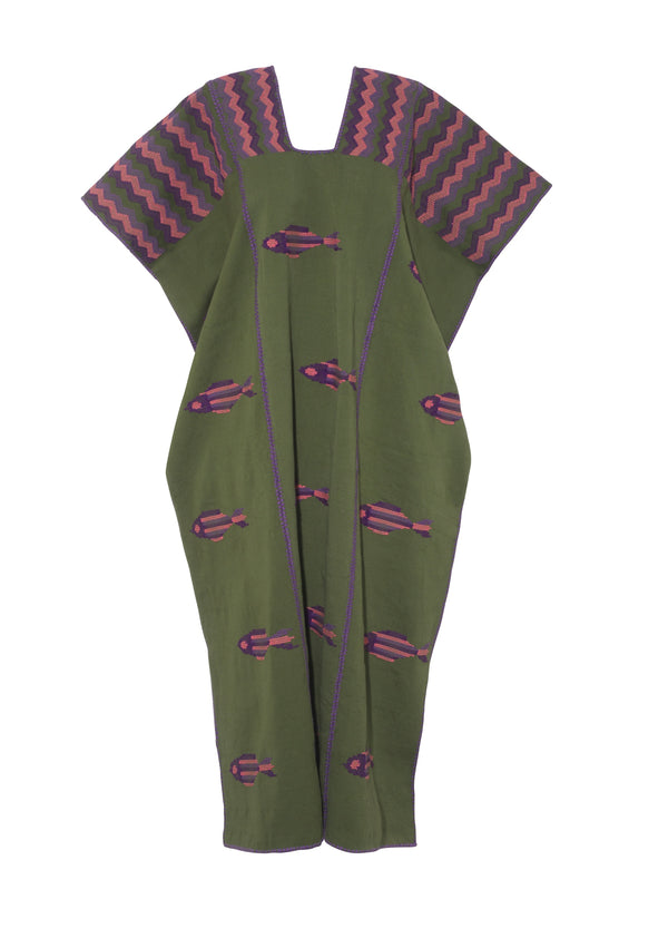 Pippa Holt Kaftan No.794 Three Panel Midi Kaftan In Khaki With Purple Pink And Lilac Fish Design
