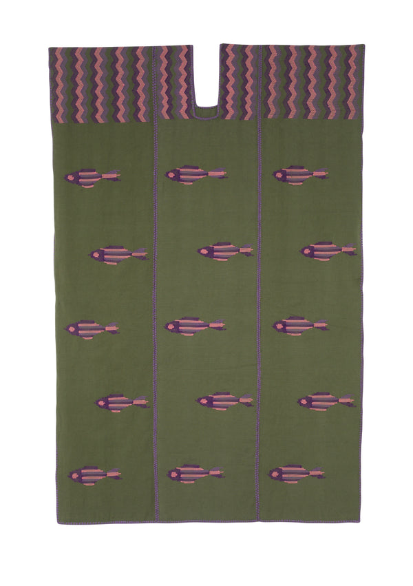 pippa holt Kaftan No.794 Three panel midi kaftan in khaki with purple pink and lilac fish design