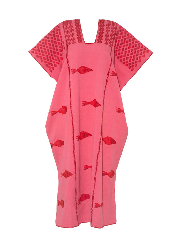 Pippa Holt Kaftan No.796 Three Panel Midi Kaftan In Watermelon Pink With Red Tones Of Fish Design