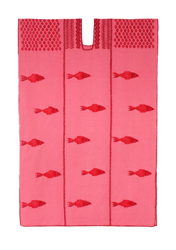 pippa holt Kaftan No.796 Three panel midi kaftan in watermelon pink with red tones of fish design