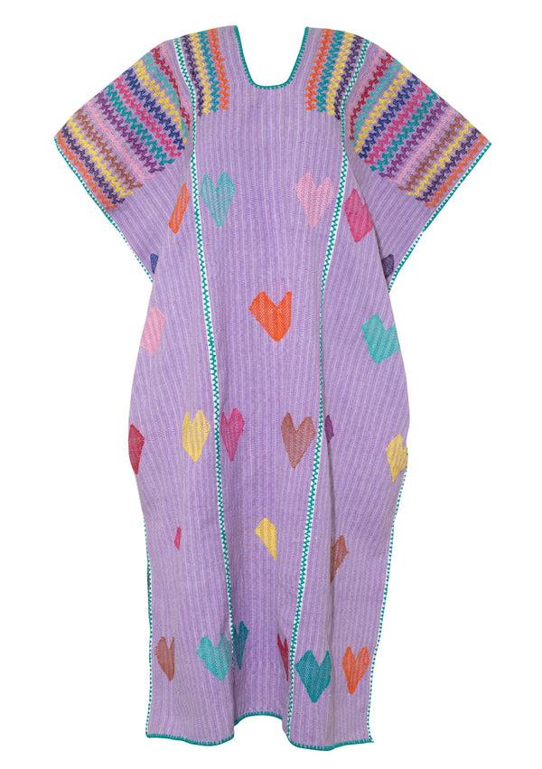 Pippa Holt Kaftan No.797 Three Panel Midi Kaftan In Purple With Multicoloured Heart Design