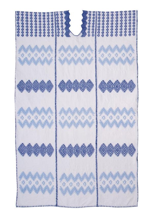 Pippa Holt Kaftan No.8 Three Panel Midi Kaftan In White With Baby Blue And Blue Zig Zag Design