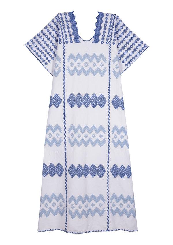 Pippa Holt Kaftan No.8 Three Panel Midi Kaftan In White With Baby Blue And Blue Zig Zag Design