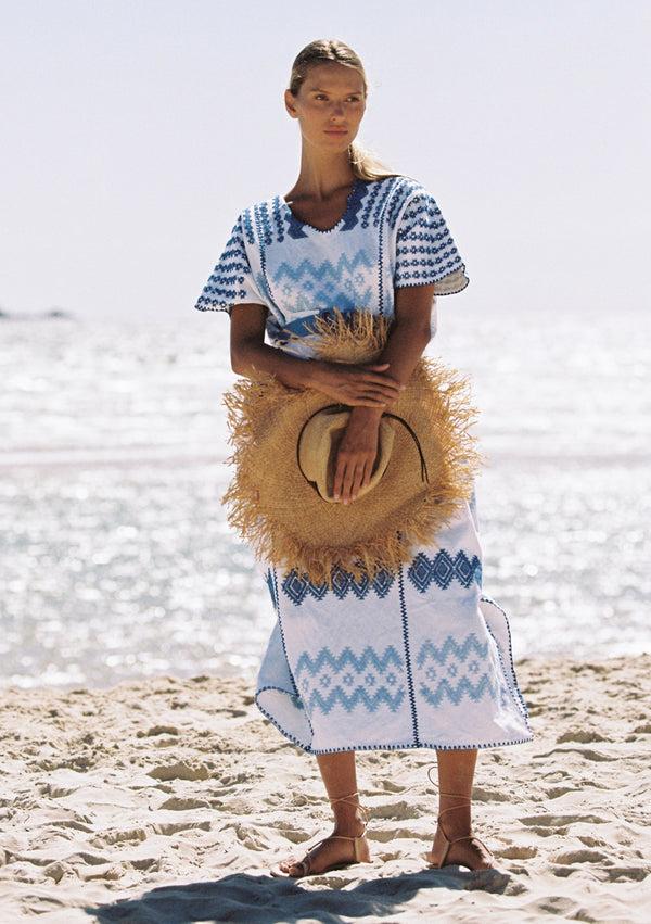 pippa holt Kaftan No.8 Three panel midi kaftan in white with baby blue and blue zig zag design