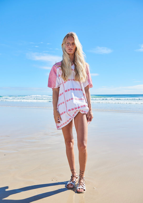 pippa holt Kaftan No.80 Three panel supermini kaftan in white with pink design