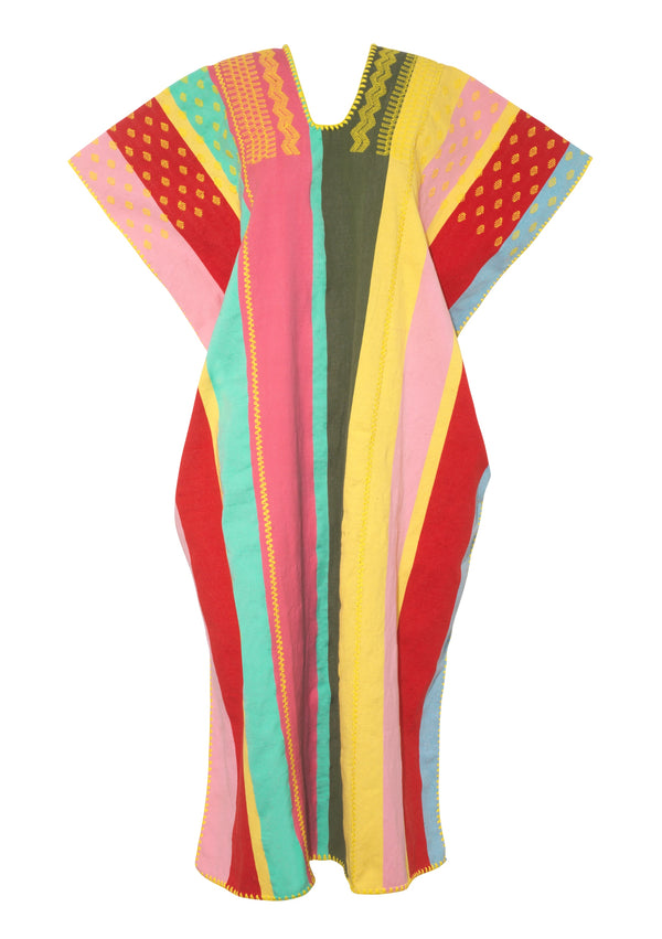 Pippa Holt Kaftan No.802 Three Panel Midi Kaftan With Multicoloured Stripes And Yellow Shoulder Design