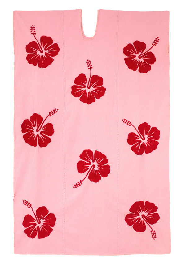 Pippa Holt Kaftan No.803 Three Panel Midi Kaftan In Pink With Red Hibiscus Embroidery Design