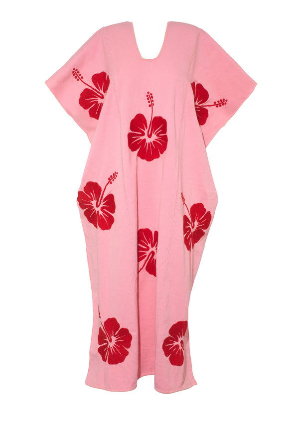 pippa holt Kaftan No.803 Three panel midi kaftan in pink with red hibiscus embroidery design