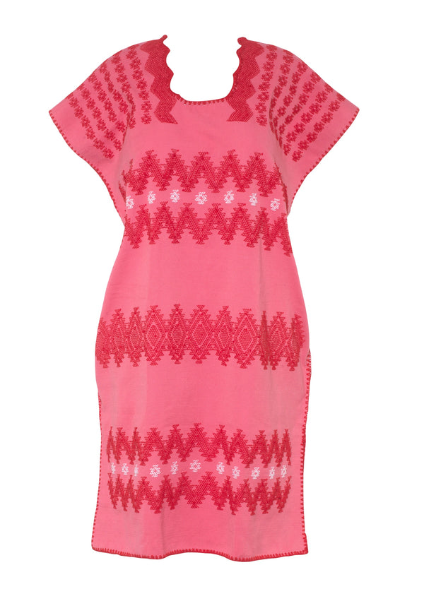 Pippa Holt Kaftan No.809 Single Panel Mini Kaftan In Watermelon Pink With Red And White Zigzag Design