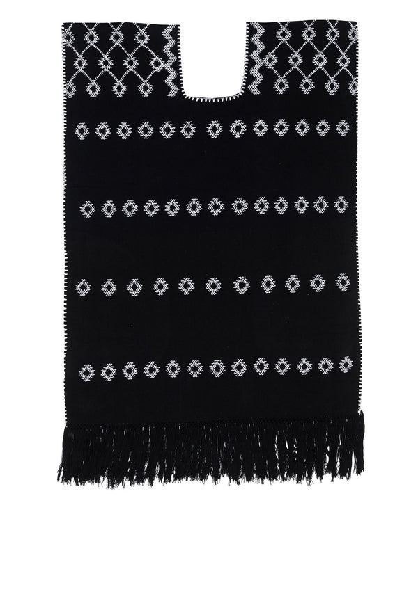 Pippa Holt Kaftan No.81 Single Panel Supermini Kaftan In Black With White Motif And Fringed Hem