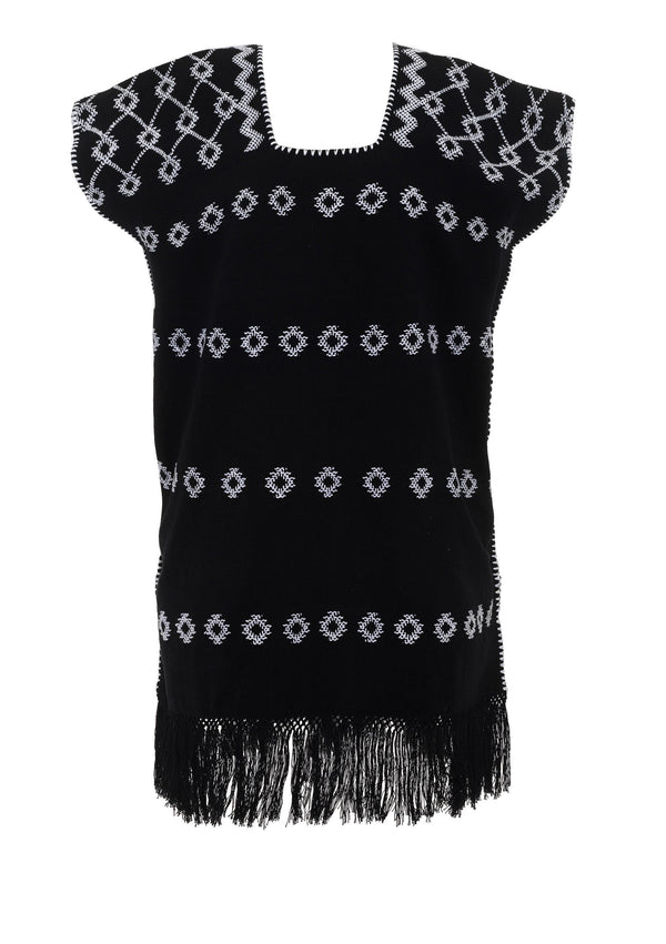 Pippa Holt Kaftan No.81 Single Panel Supermini Kaftan In Black With White Motif And Fringed Hem