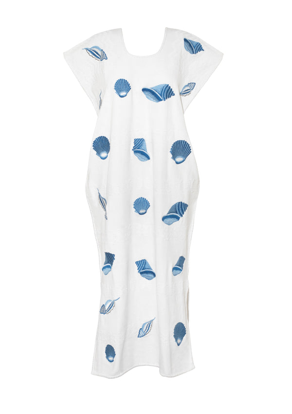 Pippa Holt Kaftan No.817 Single Panel Midi Kaftan In White With Blue Shells