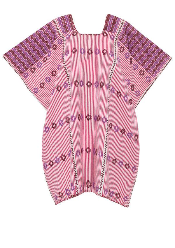 Pippa Holt Kaftan No.82 Three Panel Supermini Kaftan In Pink And White Stripe With Purple Design