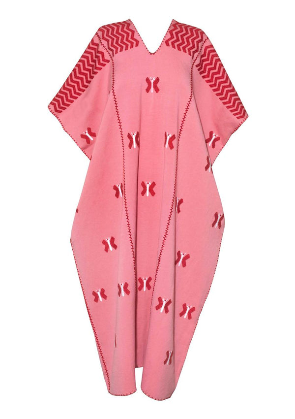 Pippa Holt Kaftan No.820 Three Panel Midi Kaftan In Watermelon Pink With Red And White Butterflies
