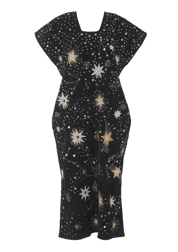 Pippa Holt Kaftan No.822 Single Panel Midi Kaftan In Black With Embroidered Beads And Sequins