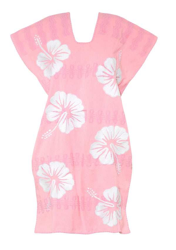 Pippa Holt Kaftan No.823 Single Panel Mini Kaftan In Pink With White Hibiscus Embroidery Design