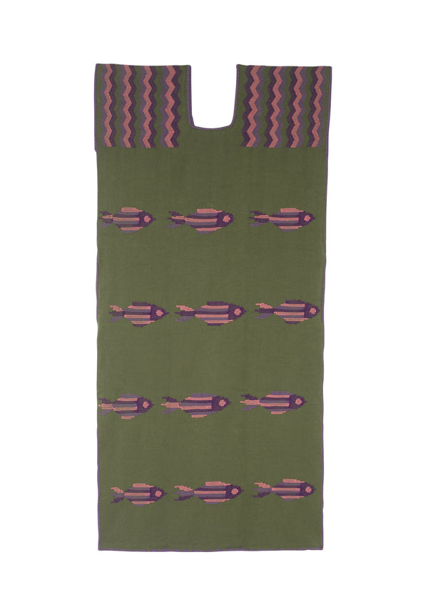 Pippa Holt Kaftan No.832 Single Panel Midi Kaftan In Khaki With Purple Pink And Lilac Fish Design