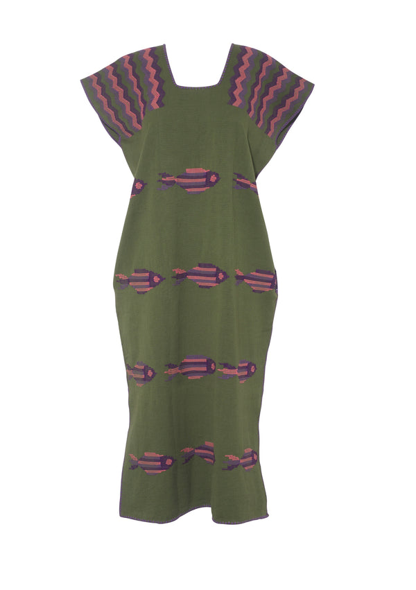pippa holt Kaftan No.832 Single panel midi kaftan in khaki with purple pink and lilac fish design