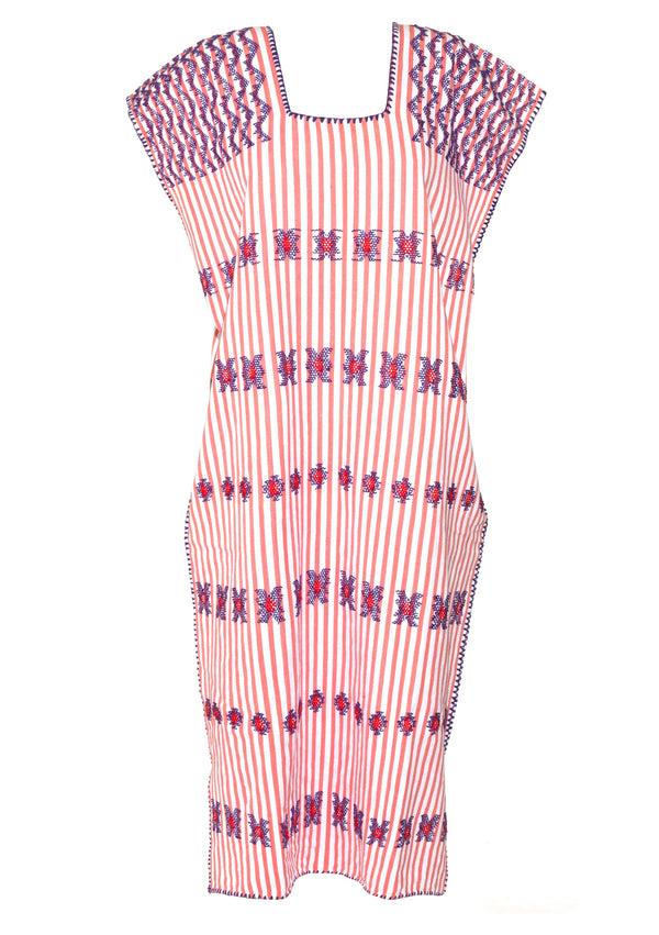Pippa Holt Kaftan No.85 Single Panel Midi Kaftan In Pink And White Stripe With Purple Motif