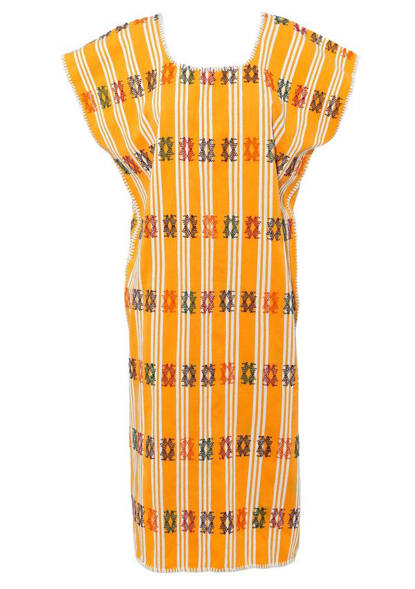 Pippa Holt Kaftan No.87 Single Panel Midi Kaftan In Yellow And White Stripe With Multicoloured Design