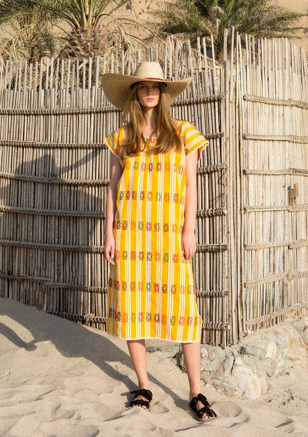 pippa holt Kaftan No.87 Single panel midi kaftan in yellow and white stripe with multicoloured design