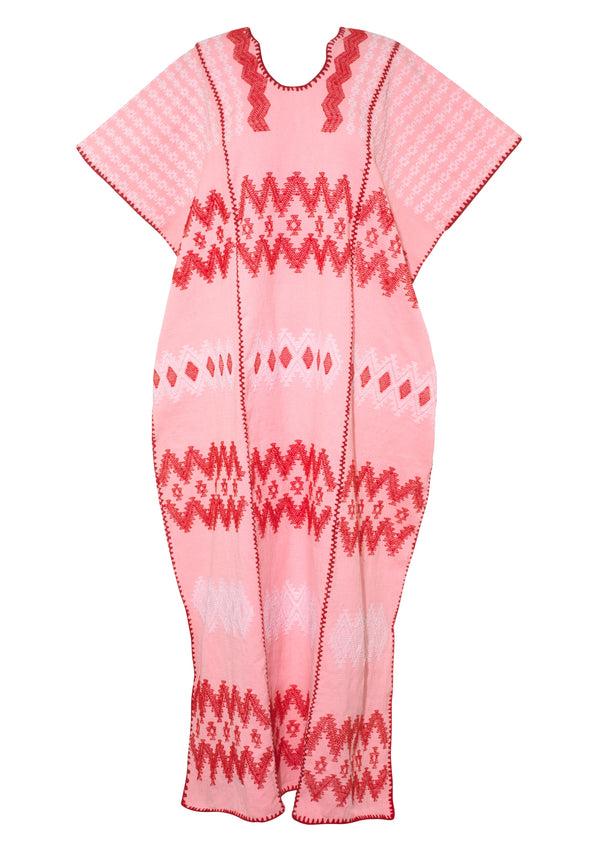 Pippa Holt Kaftan No.889 Three Panel Maxi Kaftan In Pink With Red And White Zig Zag Design