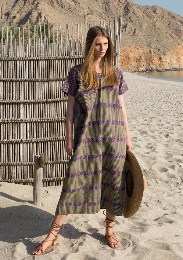 pippa holt Kaftan No.91 Three panel midi kaftan in olive and brown stripe with burgundy design