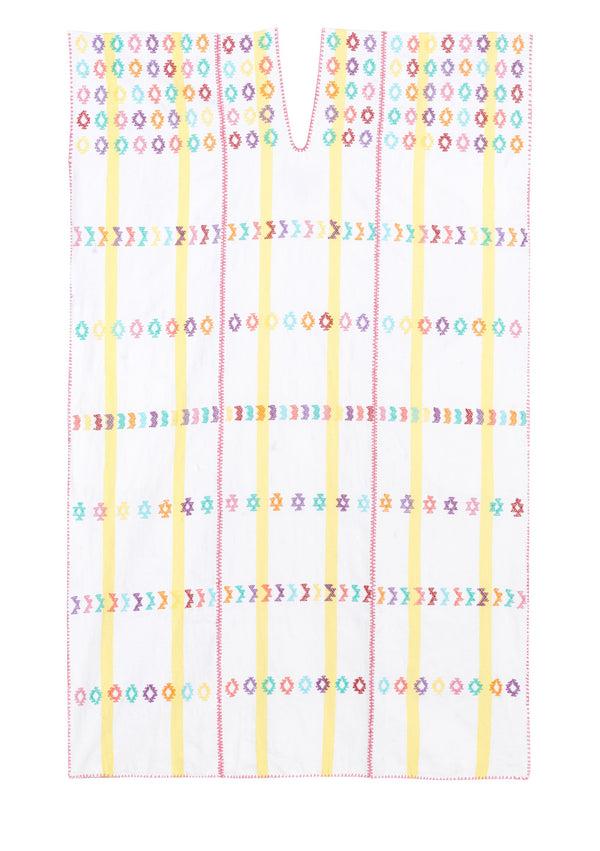 Pippa Holt Kaftan No.92 Three Panel Midi Kaftan In Lemon And White Stripes With Muti Coloured Design