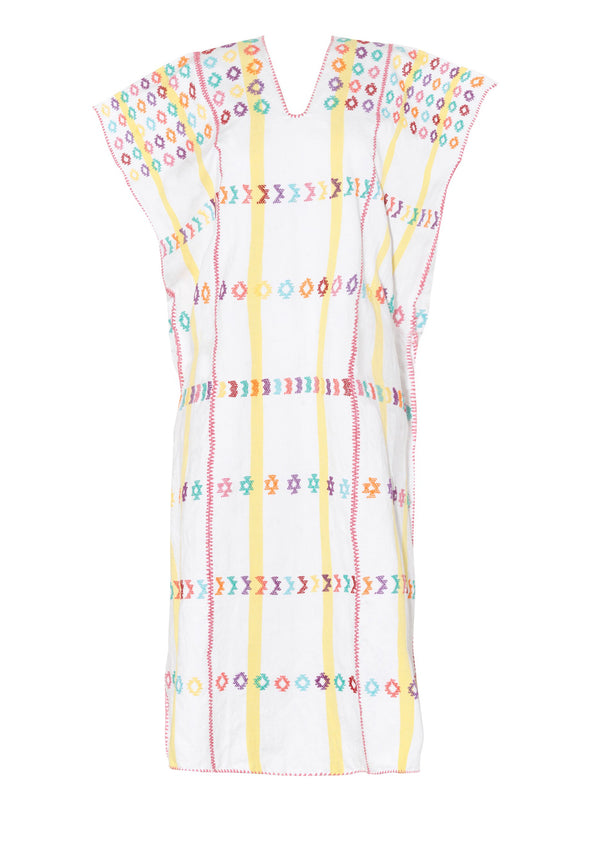 Pippa Holt Kaftan No.92 Three Panel Midi Kaftan In Lemon And White Stripes With Muti Coloured Design