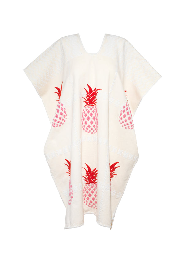 Pippa Holt Kaftan No.921 Three Panel Mini Kaftan In White/cream With Pink And Red Pineapple Front And Back Design