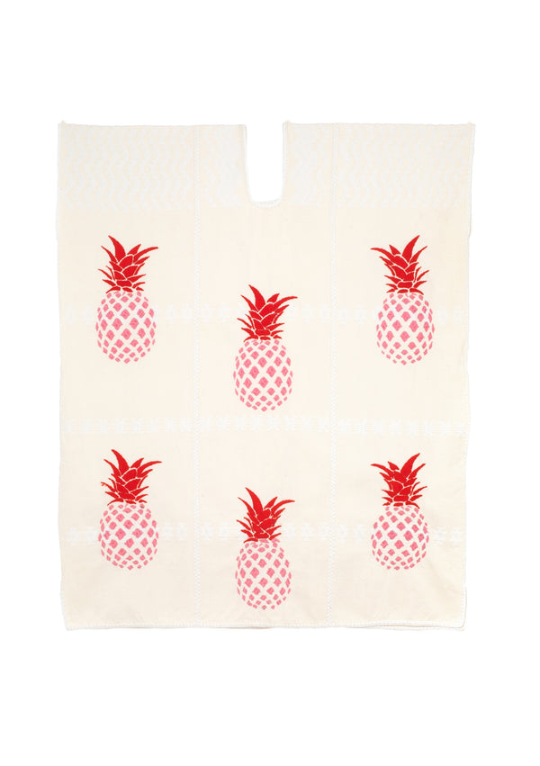 pippa holt Kaftan No.921 Three panel mini kaftan in white/cream with pink and red pineapple front and back design