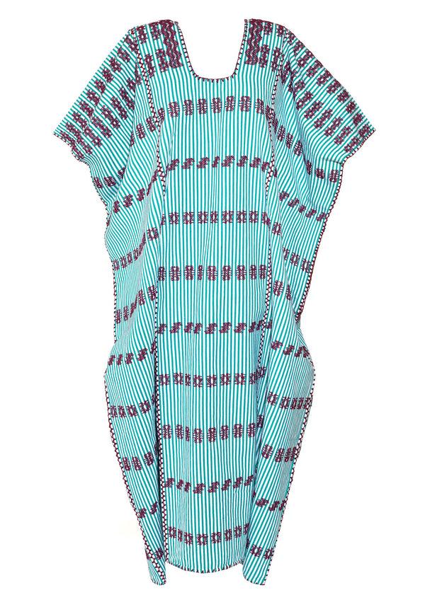 Pippa Holt Kaftan No.93 Three Panel Maxi Kaftan In Peppermint And White Stripe With Burgundy Design