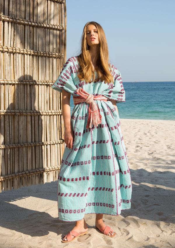 pippa holt Kaftan No.93 Three panel maxi kaftan in peppermint and white stripe with burgundy design