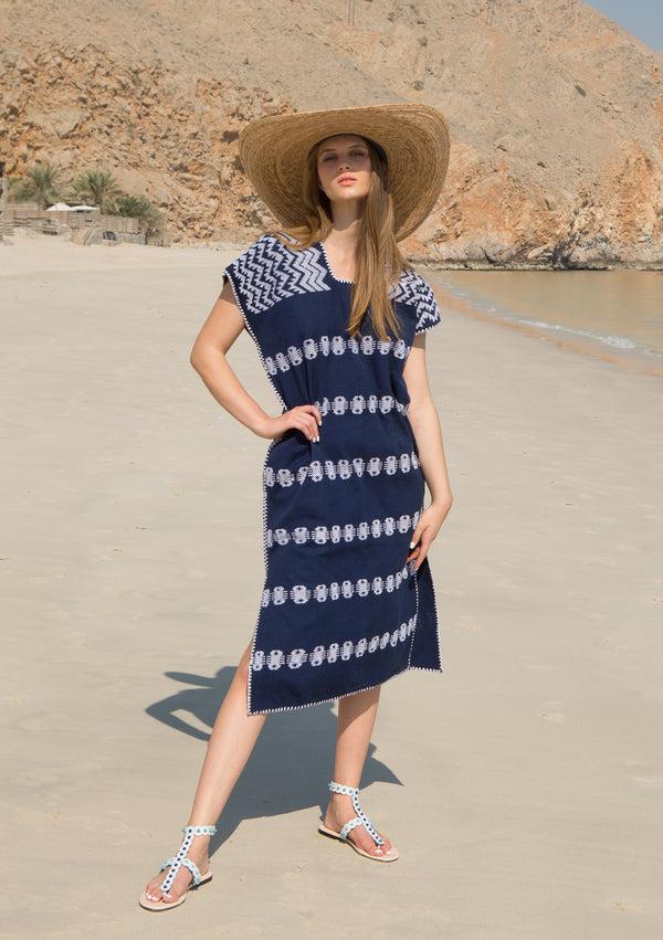 pippa holt Kaftan No.95 Single panel midi kaftan in navy with white design