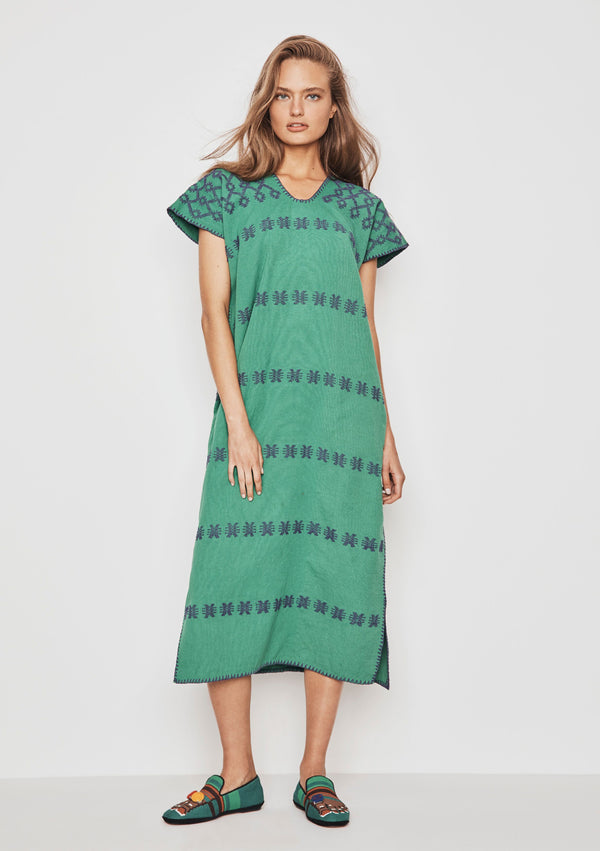 pippa holt Kaftan No.97 Single panel midi kaftan in green with purple design