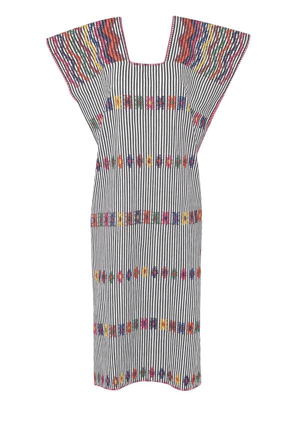 Pippa Holt Kaftan No.98 Single Panel Midi Kaftan In Black/white Stripe With Multi Coloured Design
