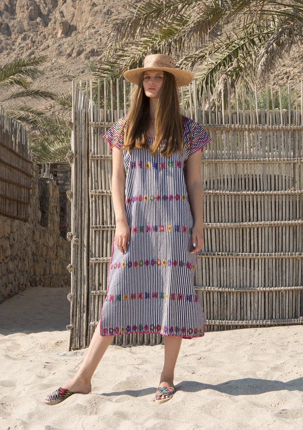 pippa holt Kaftan No.98 Single panel midi kaftan in black/white stripe with multi coloured design