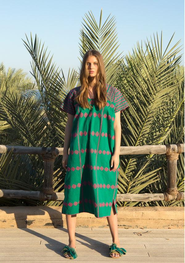 pippa holt Kaftan No.99 Three panel midi kaftan in green with dark pink motif
