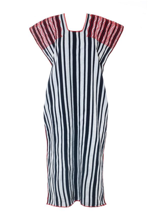 Pippa Holt Kaftans No.481 Single Panel Midi Kaftan In White And Navy Stripes With Red Design