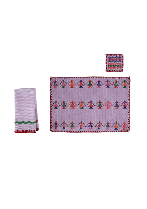 Pippa Holt Set No.10 Napkin Coaster And Placemat Set In Lilac With Multicoloured 'people' Design