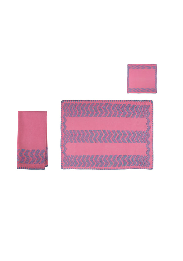 Pippa Holt Set No.110 Napkin Coaster And Placemat Set In Watermelon Pink With Blue Design