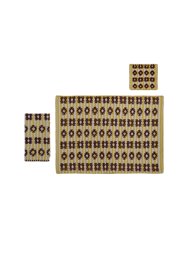 Pippa Holt Set No.164 Napkin Coaster And Placemat Set In Yellow And White Stripe With Burgundy Design