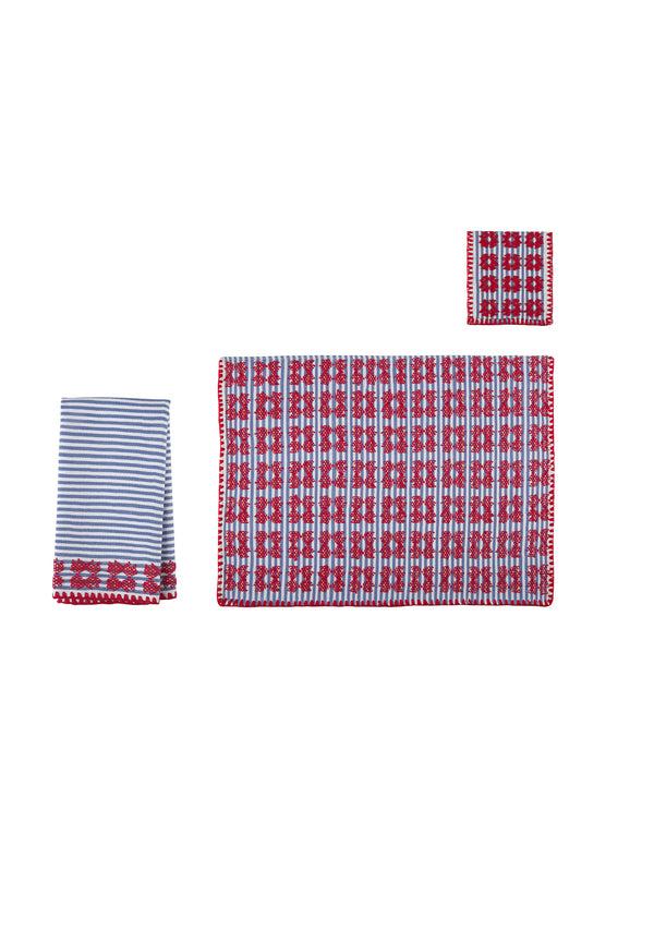 Pippa Holt Set No.169 Napkin Coaster And Placemat Set In White And Blue Stripe With Red Design