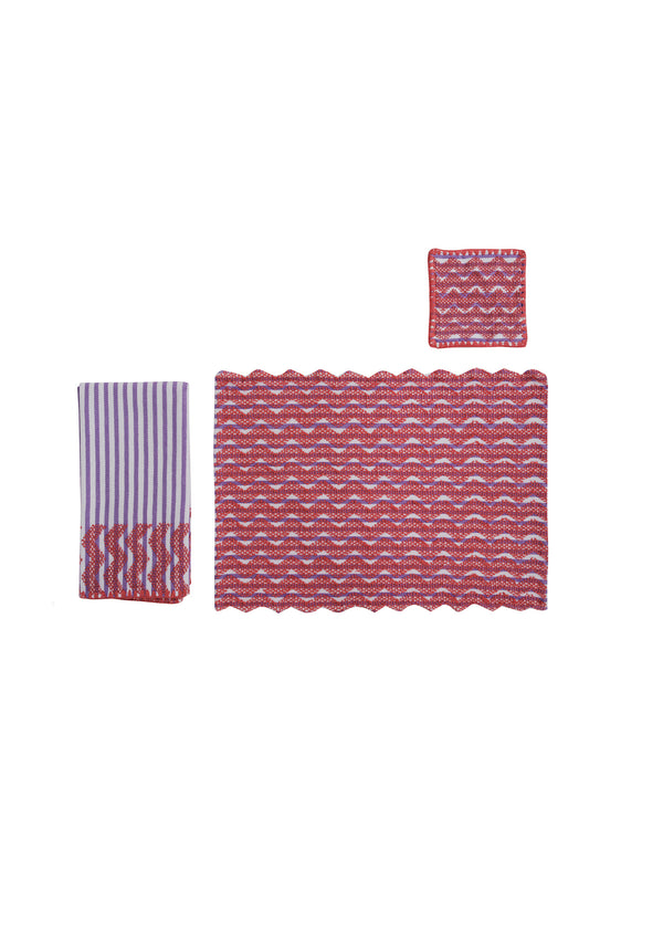 Pippa Holt Set No.174 Napkin Coaster And Placemat Set In Lilac And White Stripe With Pink Design